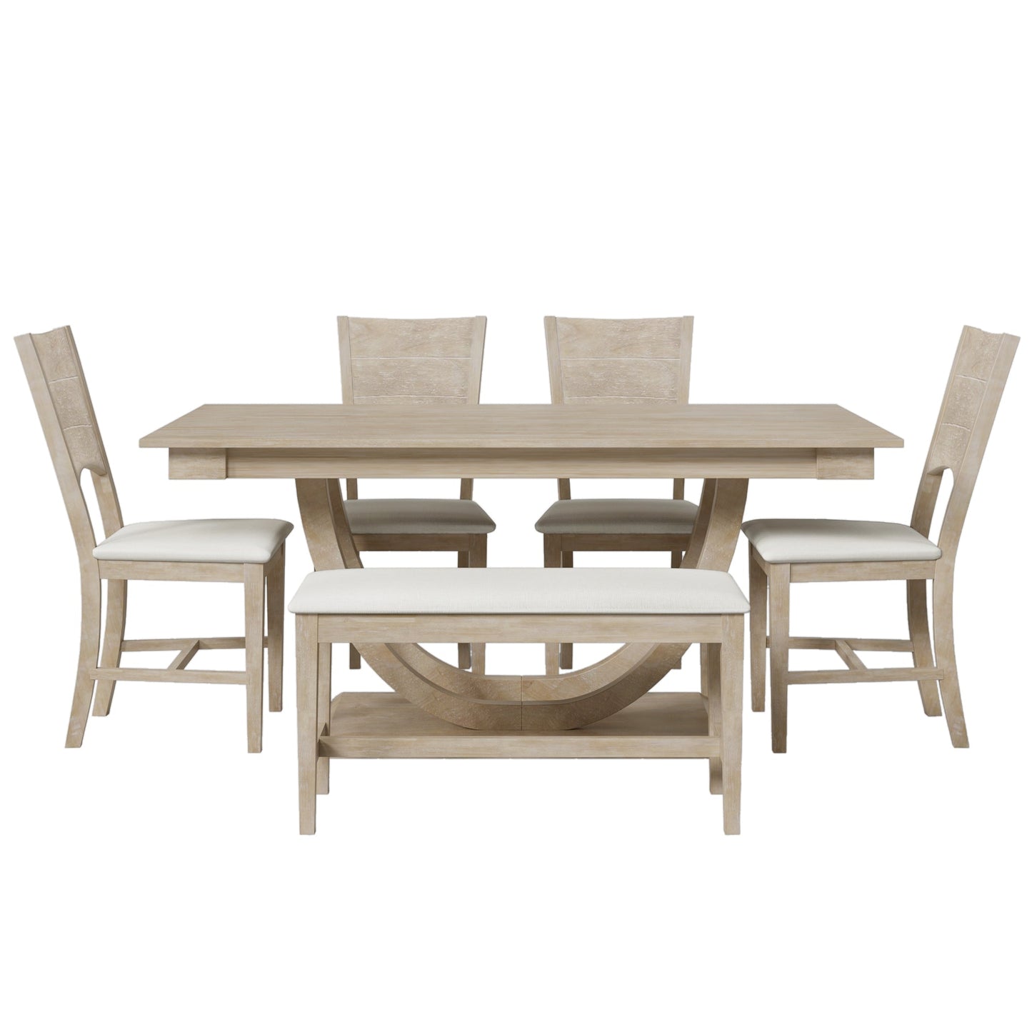 TOPMAX Modern Style Natural Wood 6 - Piece Dining Table Set with Bench and Chairs, Upholstered Seats, Rubberwood Frame - 1st Choice Furniture Direct