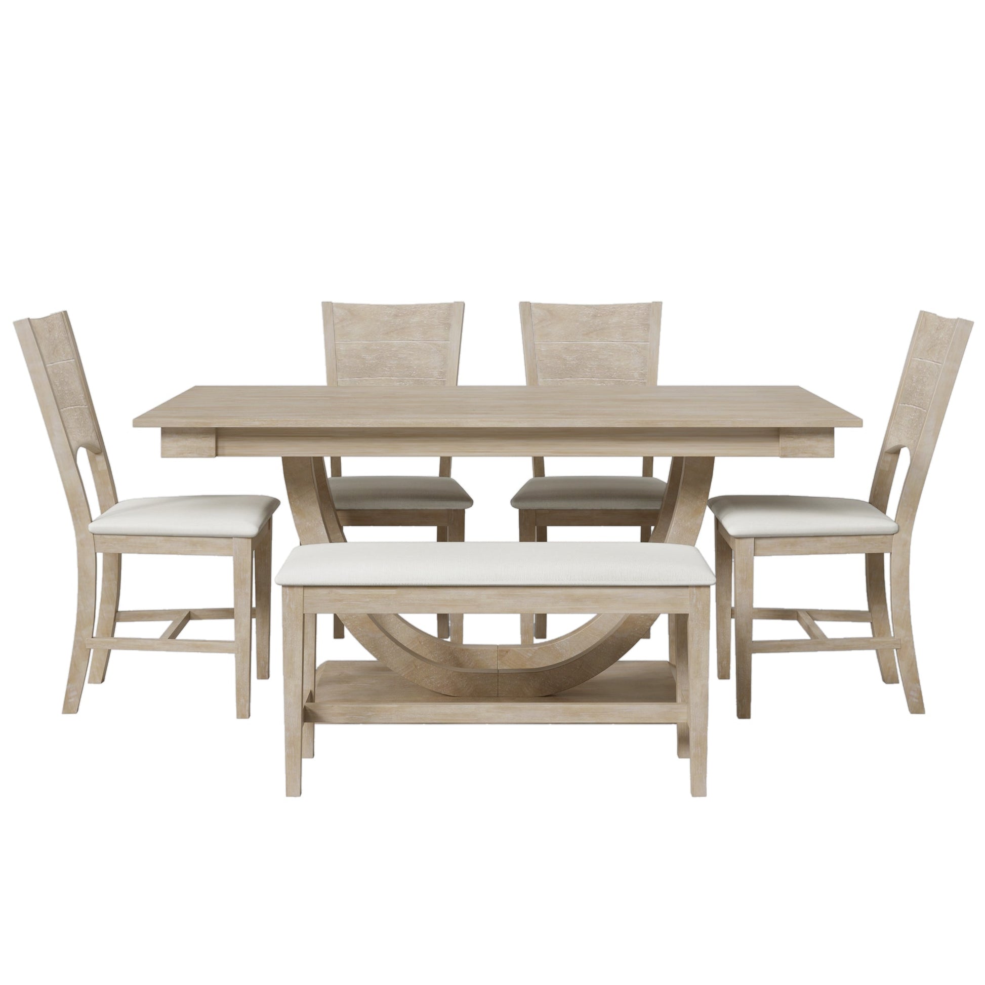 TOPMAX Modern Style Natural Wood 6 - Piece Dining Table Set with Bench and Chairs, Upholstered Seats, Rubberwood Frame - 1st Choice Furniture Direct