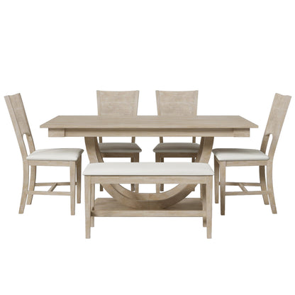 TOPMAX Modern Style Natural Wood 6 - Piece Dining Table Set with Bench and Chairs, Upholstered Seats, Rubberwood Frame - 1st Choice Furniture Direct