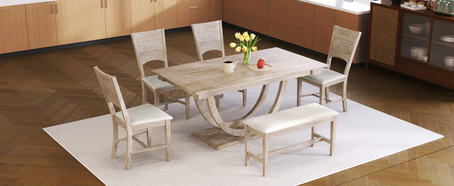 TOPMAX Modern Style Natural Wood 6 - Piece Dining Table Set with Bench and Chairs, Upholstered Seats, Rubberwood Frame - 1st Choice Furniture Direct