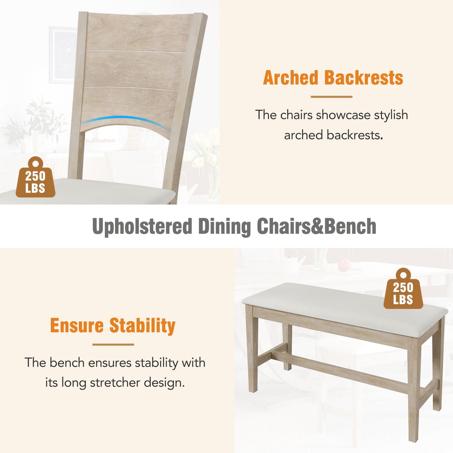 TOPMAX Modern Style Natural Wood 6 - Piece Dining Table Set with Bench and Chairs, Upholstered Seats, Rubberwood Frame - 1st Choice Furniture Direct