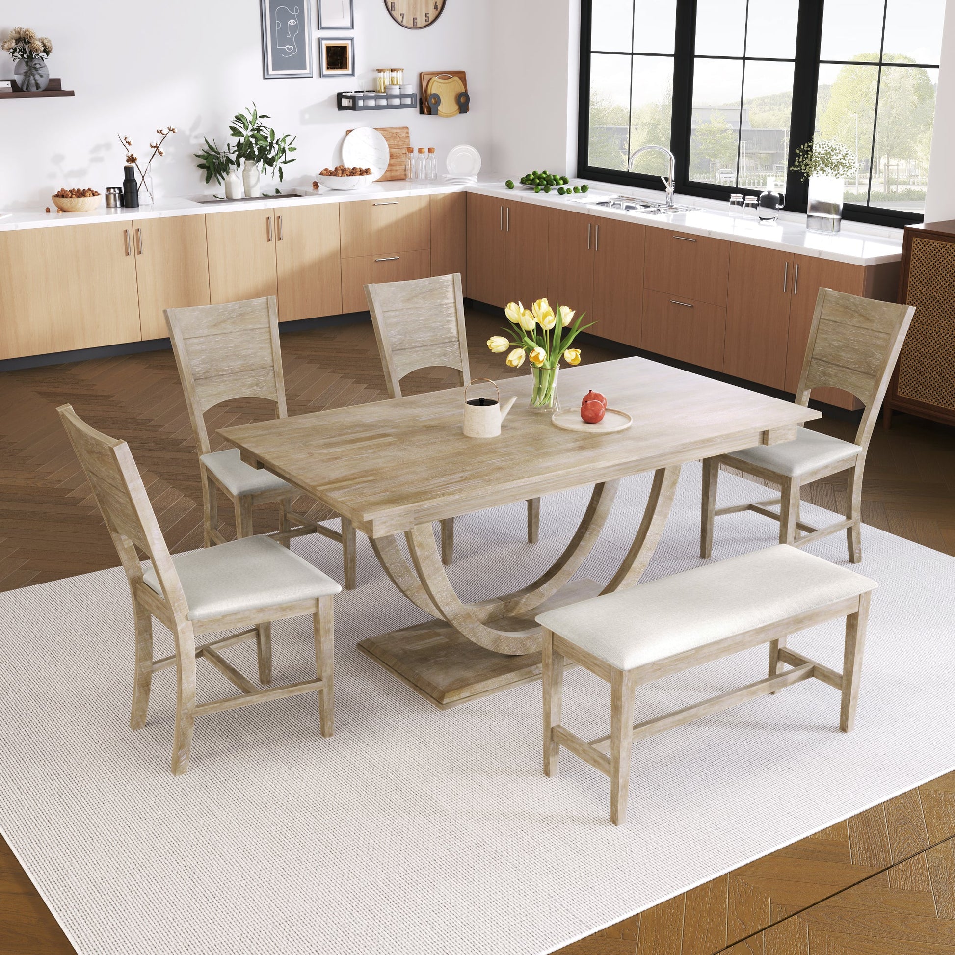 TOPMAX Modern Style Natural Wood 6 - Piece Dining Table Set with Bench and Chairs, Upholstered Seats, Rubberwood Frame - 1st Choice Furniture Direct