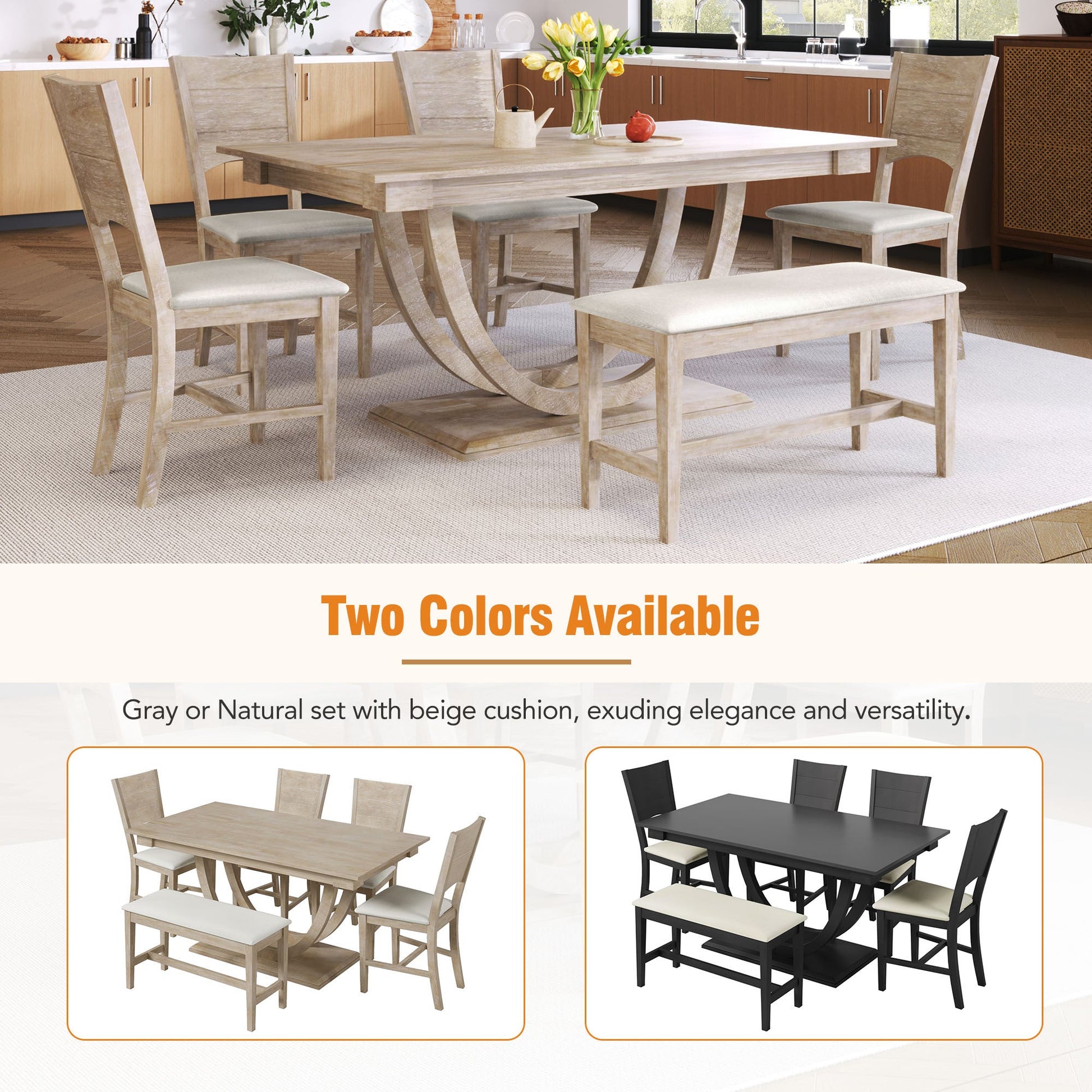 TOPMAX Modern Style Natural Wood 6 - Piece Dining Table Set with Bench and Chairs, Upholstered Seats, Rubberwood Frame - 1st Choice Furniture Direct