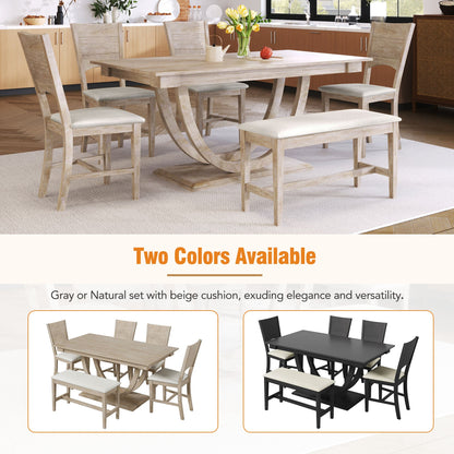 TOPMAX Modern Style Natural Wood 6 - Piece Dining Table Set with Bench and Chairs, Upholstered Seats, Rubberwood Frame - 1st Choice Furniture Direct