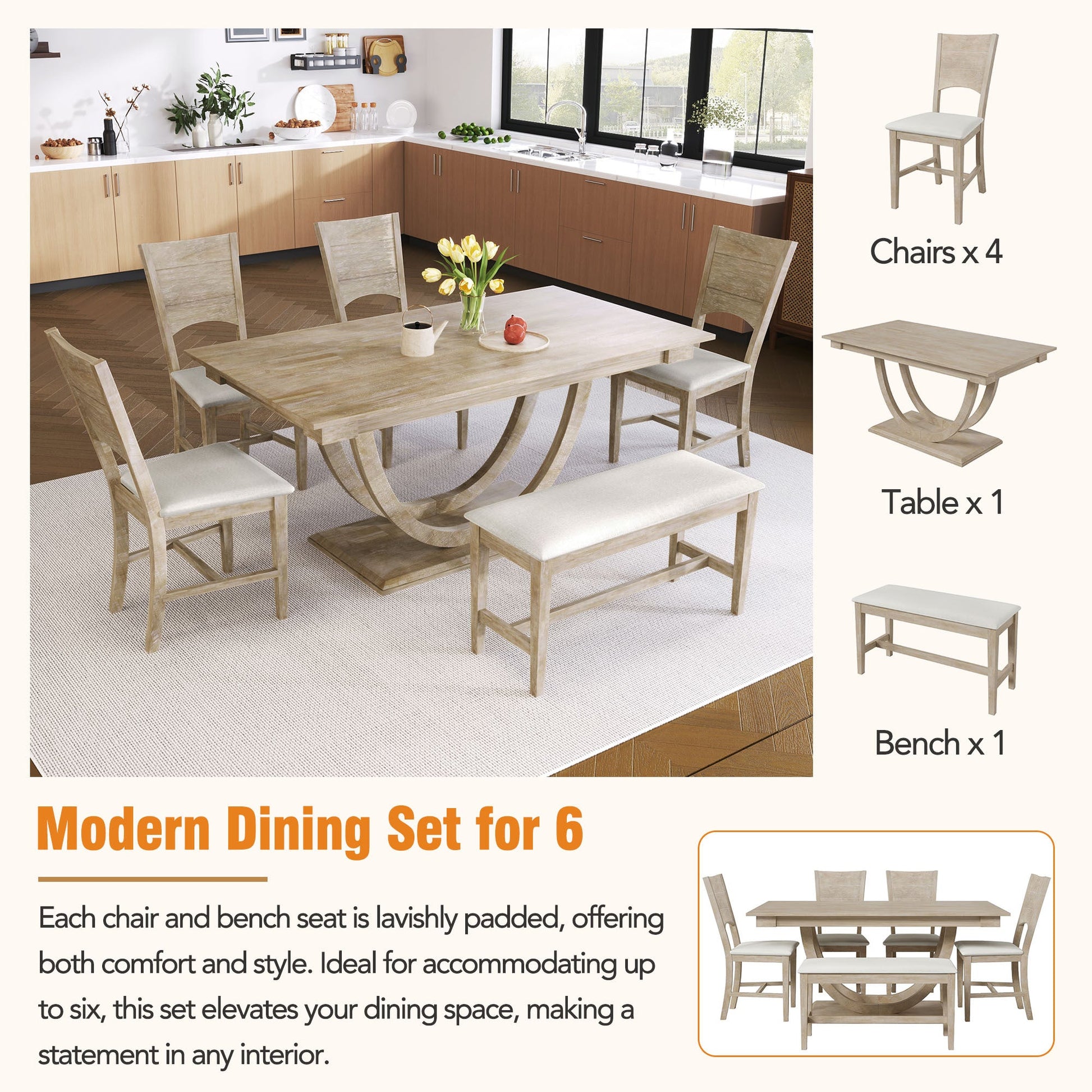 TOPMAX Modern Style Natural Wood 6 - Piece Dining Table Set with Bench and Chairs, Upholstered Seats, Rubberwood Frame - 1st Choice Furniture Direct