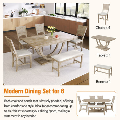 TOPMAX Modern Style Natural Wood 6 - Piece Dining Table Set with Bench and Chairs, Upholstered Seats, Rubberwood Frame - 1st Choice Furniture Direct