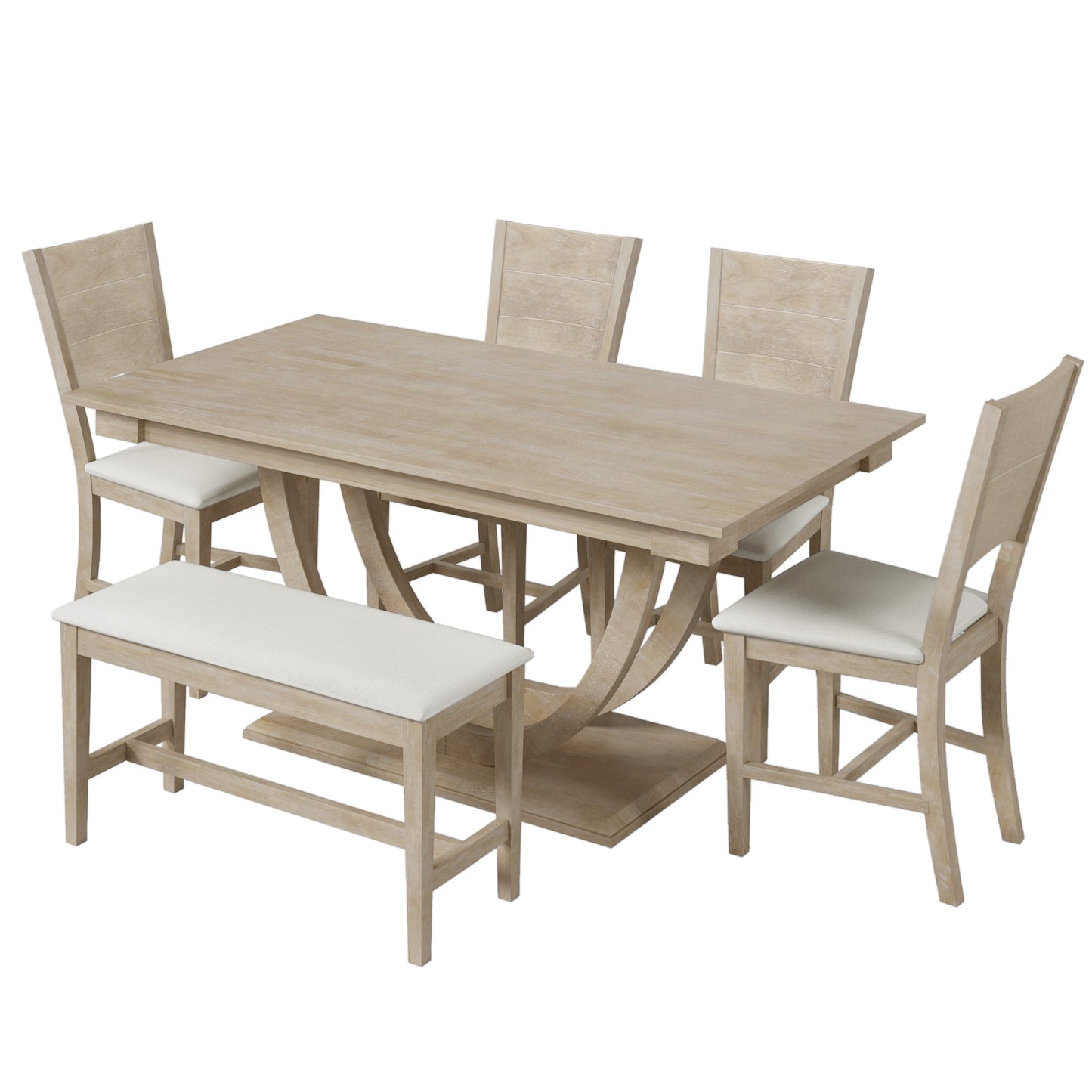 TOPMAX Modern Style Natural Wood 6 - Piece Dining Table Set with Bench and Chairs, Upholstered Seats, Rubberwood Frame - 1st Choice Furniture Direct