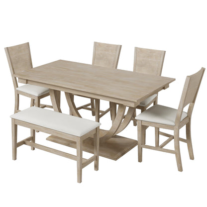 TOPMAX Modern Style Natural Wood 6 - Piece Dining Table Set with Bench and Chairs, Upholstered Seats, Rubberwood Frame - 1st Choice Furniture Direct