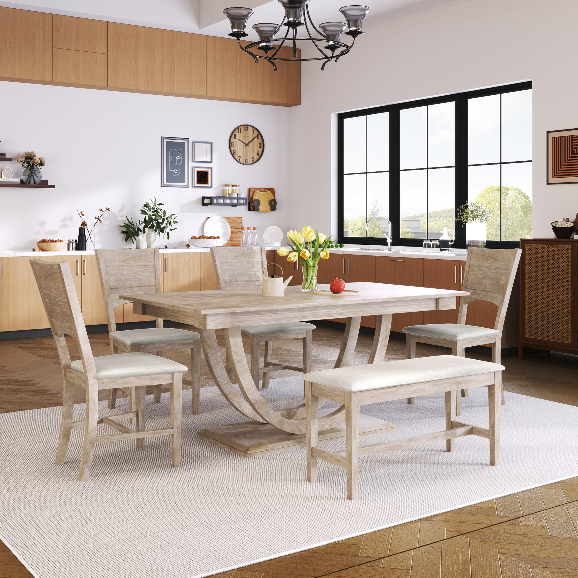 TOPMAX Modern Style Natural Wood 6 - Piece Dining Table Set with Bench and Chairs, Upholstered Seats, Rubberwood Frame - 1st Choice Furniture Direct