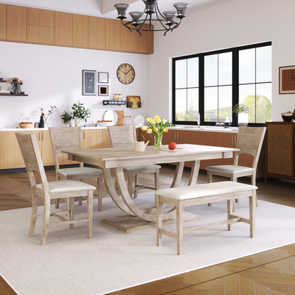 TOPMAX Modern Style Natural Wood 6 - Piece Dining Table Set with Bench and Chairs, Upholstered Seats, Rubberwood Frame - 1st Choice Furniture Direct