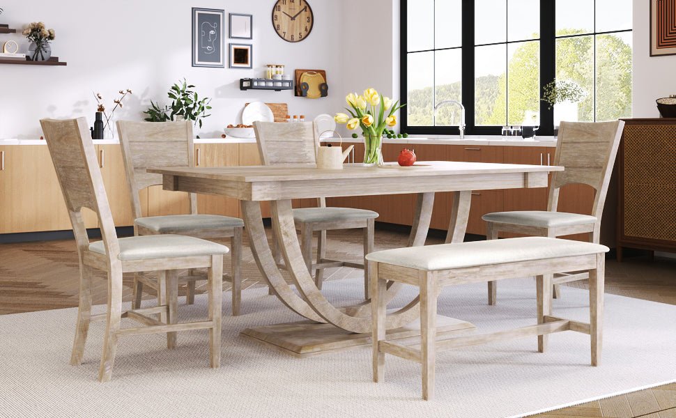 TOPMAX Modern Style Natural Wood 6 - Piece Dining Table Set with Bench and Chairs, Upholstered Seats, Rubberwood Frame - 1st Choice Furniture Direct