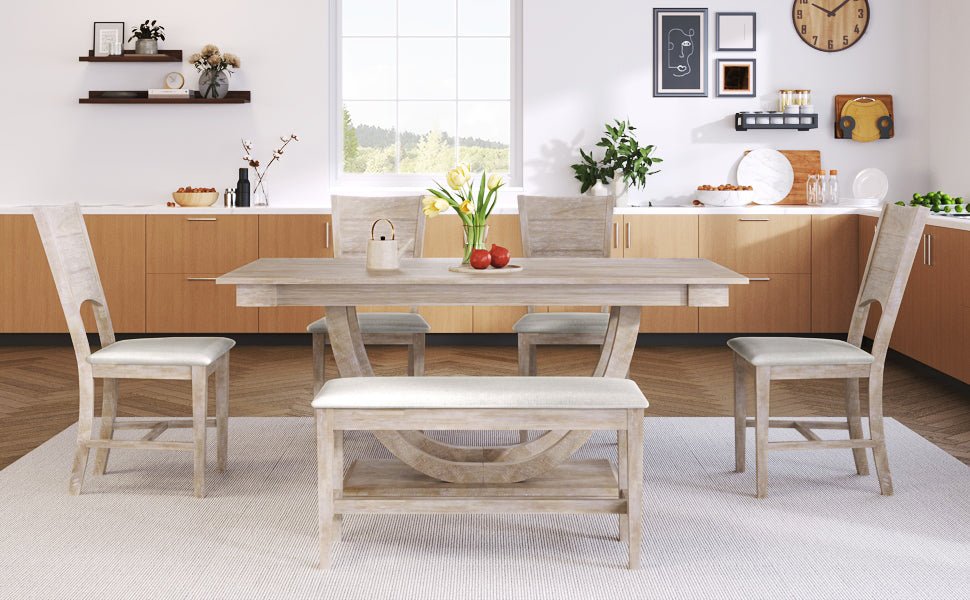 TOPMAX Modern Style Natural Wood 6 - Piece Dining Table Set with Bench and Chairs, Upholstered Seats, Rubberwood Frame - 1st Choice Furniture Direct