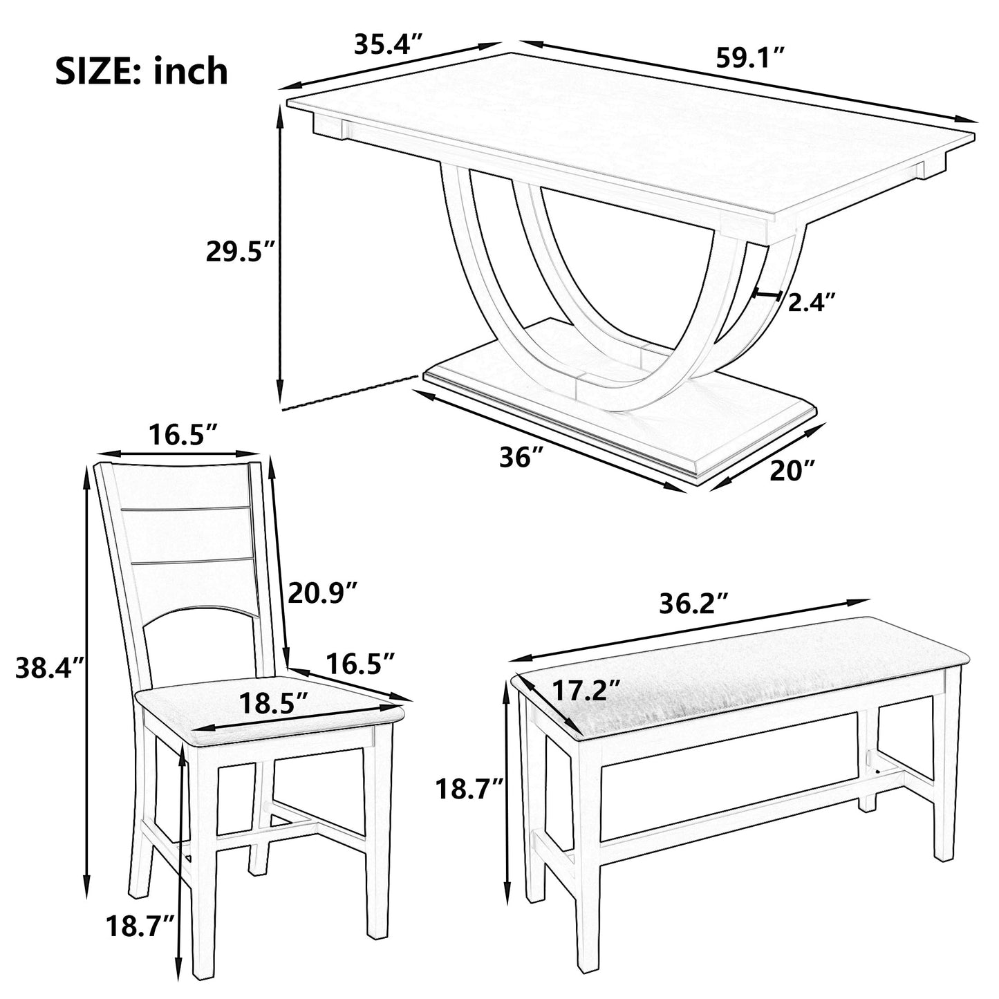 TOPMAX Modern Style Natural Wood 6 - Piece Dining Table Set with Bench and Chairs, Upholstered Seats, Rubberwood Frame - 1st Choice Furniture Direct