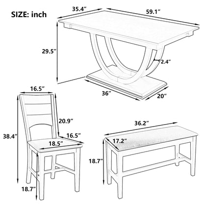 TOPMAX Modern Style Natural Wood 6 - Piece Dining Table Set with Bench and Chairs, Upholstered Seats, Rubberwood Frame - 1st Choice Furniture Direct