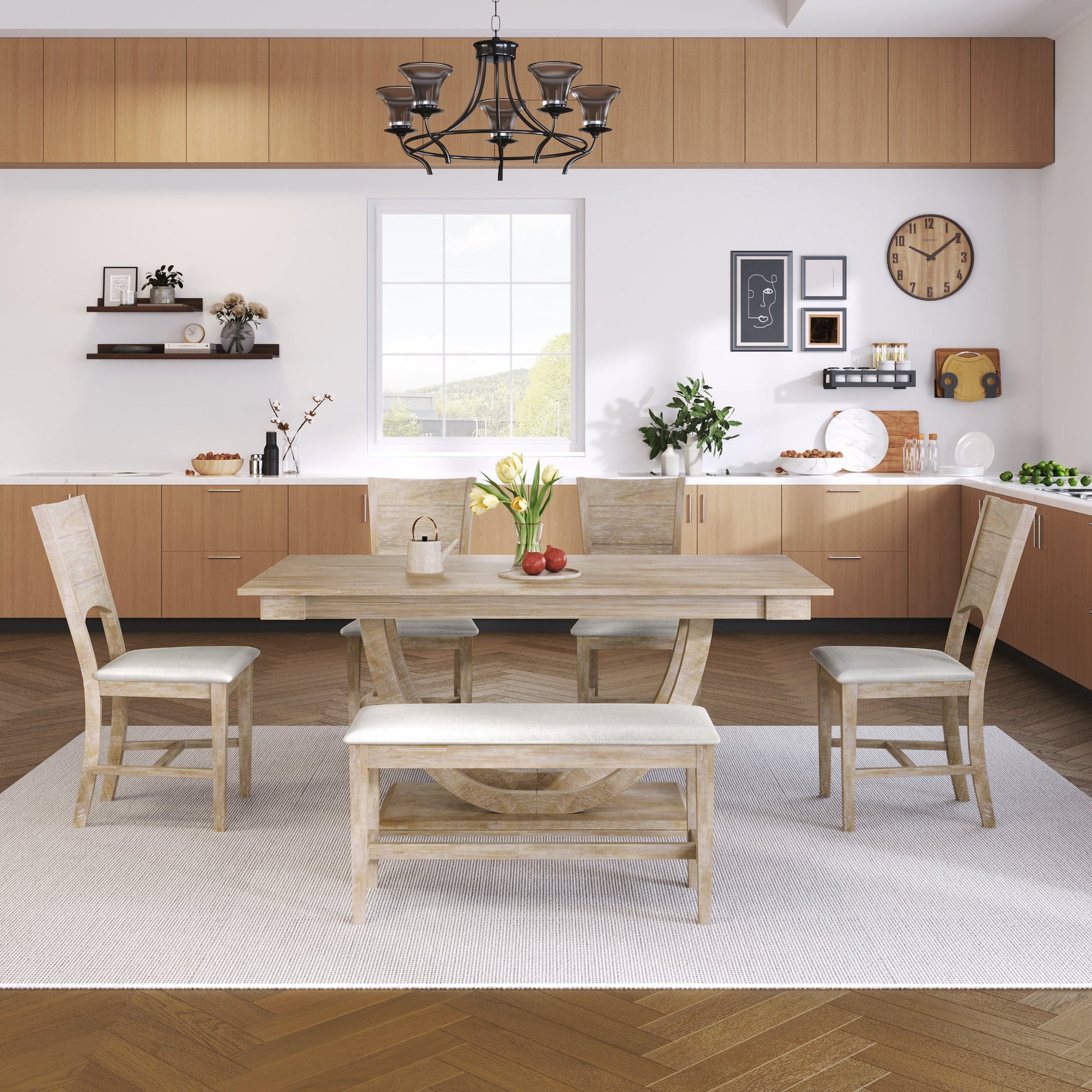 TOPMAX Modern Style Natural Wood 6 - Piece Dining Table Set with Bench and Chairs, Upholstered Seats, Rubberwood Frame - 1st Choice Furniture Direct