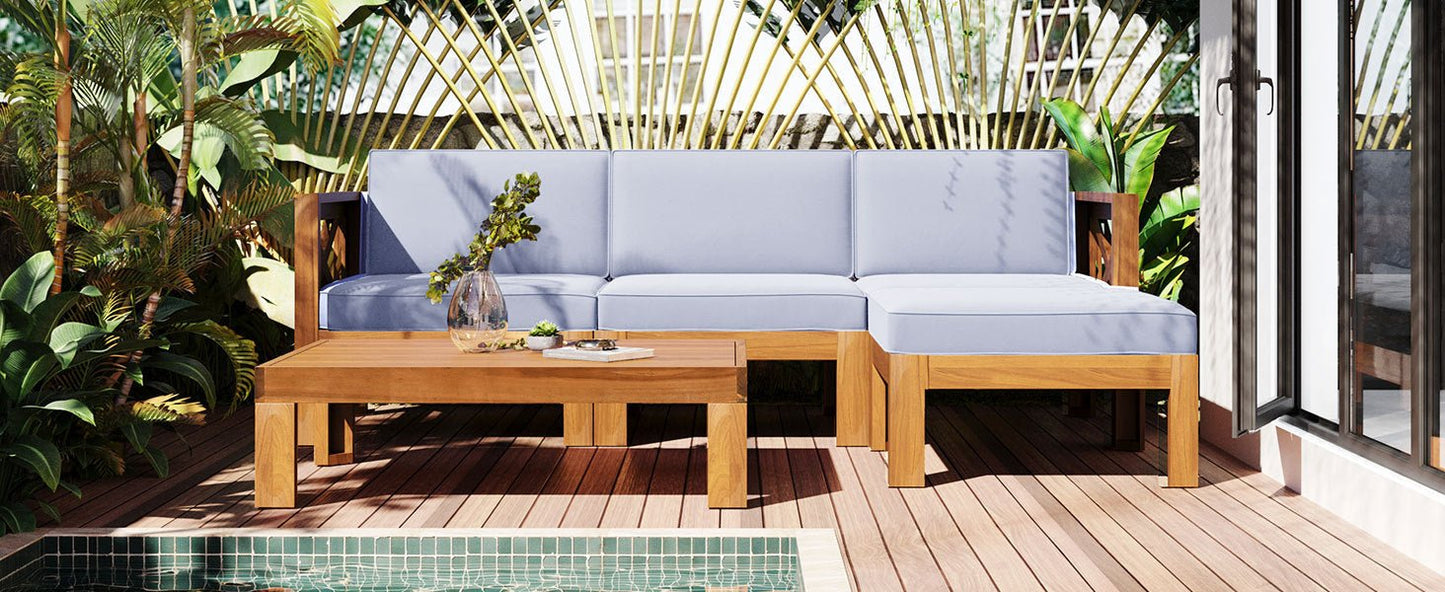 TOPMAX Outdoor Backyard Patio Wood 5 - Piece Sectional Sofa Seating Group Set with Cushions, Natural Finish+ Gray Cushions - 1st Choice Furniture Direct