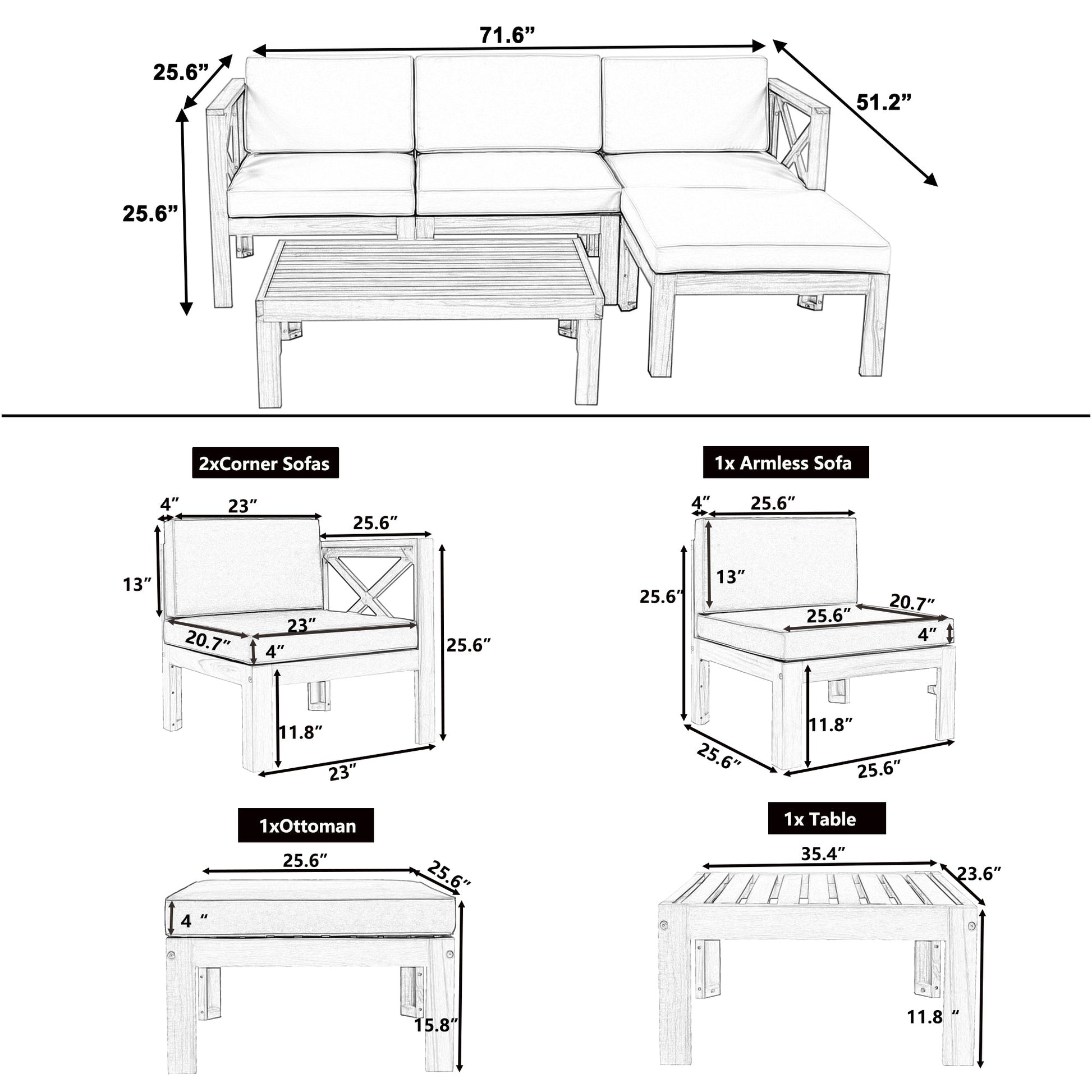 TOPMAX Outdoor Backyard Patio Wood 5 - Piece Sectional Sofa Seating Group Set with Cushions, Natural Finish+ Gray Cushions - 1st Choice Furniture Direct