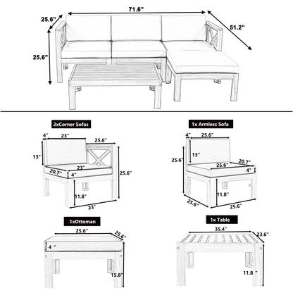 TOPMAX Outdoor Backyard Patio Wood 5 - Piece Sectional Sofa Seating Group Set with Cushions, Natural Finish+ Gray Cushions - 1st Choice Furniture Direct