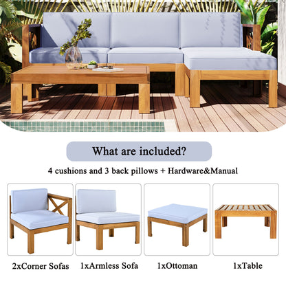 TOPMAX Outdoor Backyard Patio Wood 5 - Piece Sectional Sofa Seating Group Set with Cushions, Natural Finish+ Gray Cushions - 1st Choice Furniture Direct