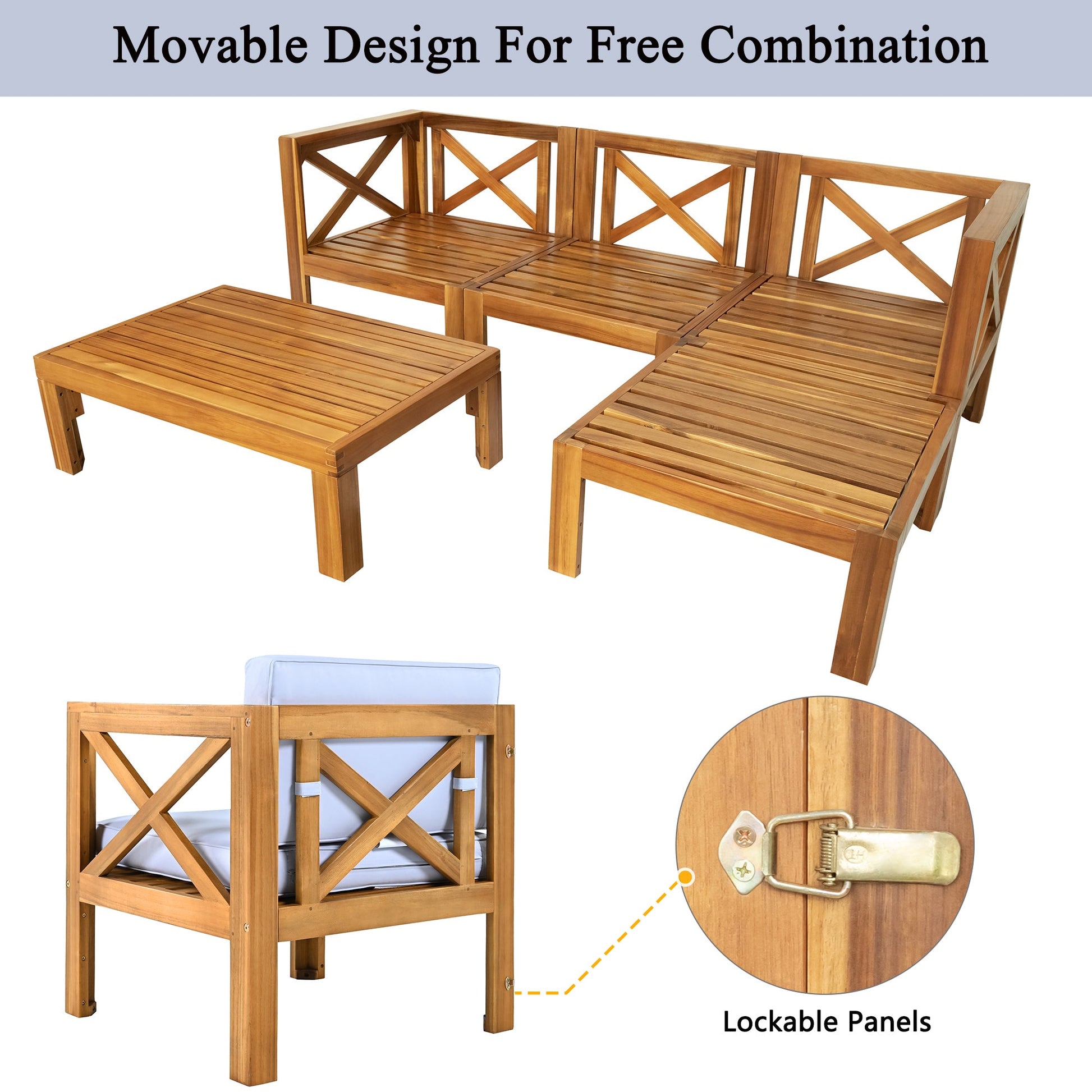 TOPMAX Outdoor Backyard Patio Wood 5 - Piece Sectional Sofa Seating Group Set with Cushions, Natural Finish+ Gray Cushions - 1st Choice Furniture Direct