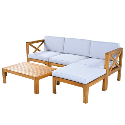 TOPMAX Outdoor Backyard Patio Wood 5 - Piece Sectional Sofa Seating Group Set with Cushions, Natural Finish+ Gray Cushions - 1st Choice Furniture Direct