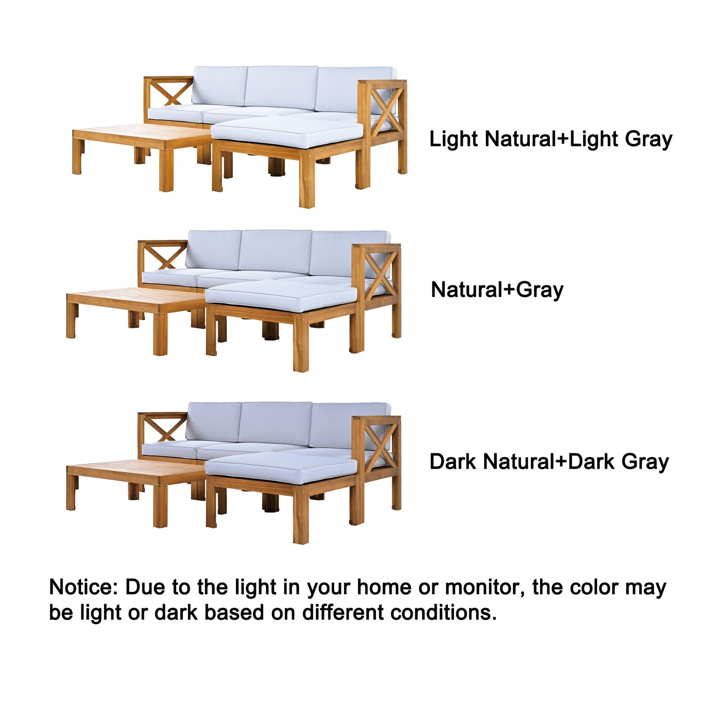 TOPMAX Outdoor Backyard Patio Wood 5 - Piece Sectional Sofa Seating Group Set with Cushions, Natural Finish+ Gray Cushions - 1st Choice Furniture Direct