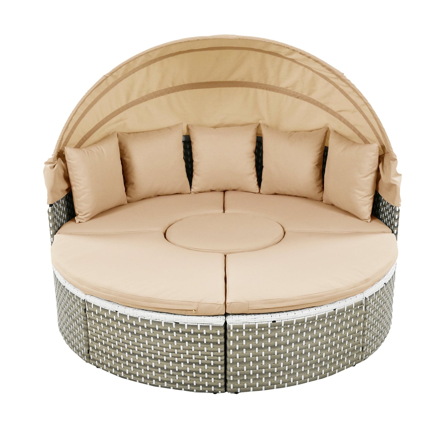 TOPMAX Patio Furniture Round Outdoor Sectional Sofa Set Rattan Daybed Two - Tone Weave Sunbed with Retractable Canopy, Separate Seating and Removable Cushion, Light Coffee - 1st Choice Furniture Direct