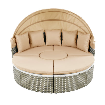 TOPMAX Patio Furniture Round Outdoor Sectional Sofa Set Rattan Daybed Two - Tone Weave Sunbed with Retractable Canopy, Separate Seating and Removable Cushion, Light Coffee - 1st Choice Furniture Direct