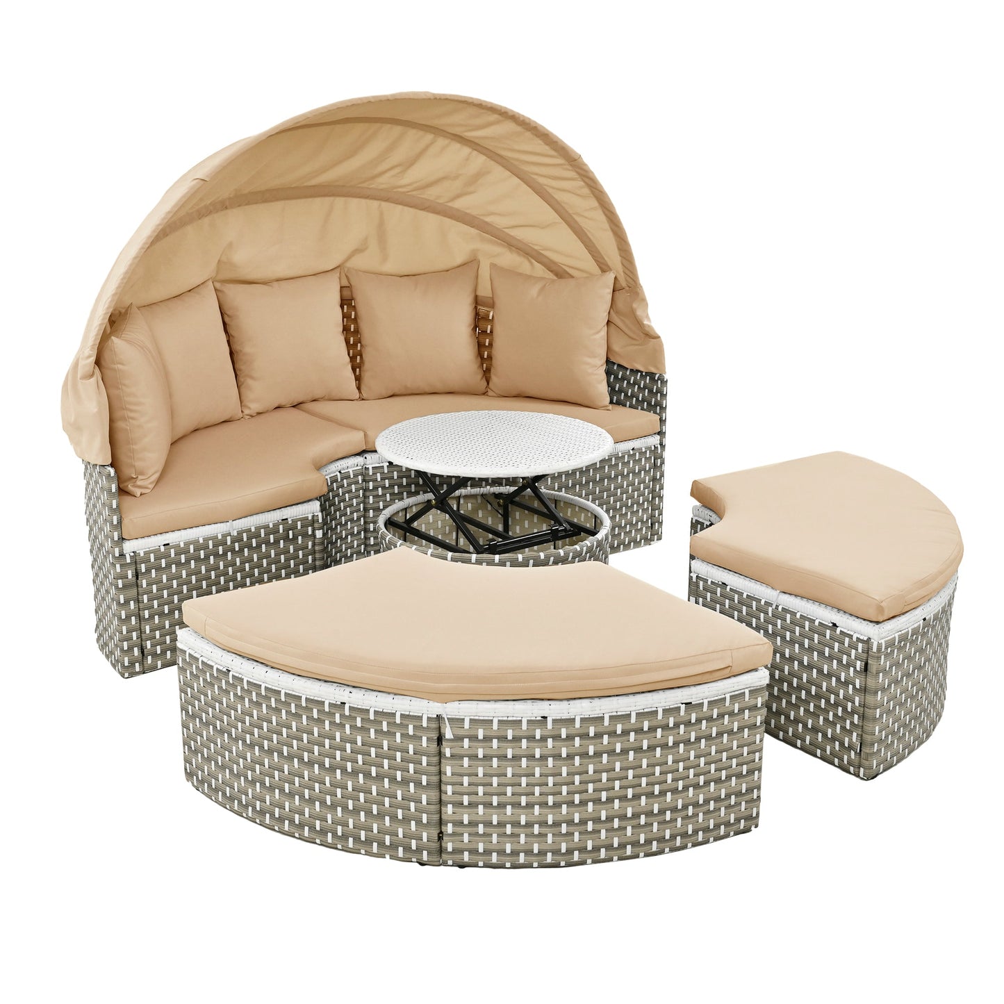 TOPMAX Patio Furniture Round Outdoor Sectional Sofa Set Rattan Daybed Two - Tone Weave Sunbed with Retractable Canopy, Separate Seating and Removable Cushion, Light Coffee - 1st Choice Furniture Direct
