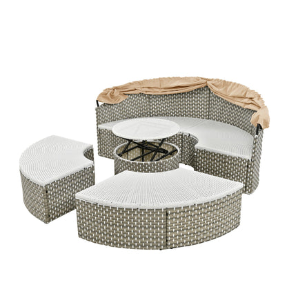 TOPMAX Patio Furniture Round Outdoor Sectional Sofa Set Rattan Daybed Two - Tone Weave Sunbed with Retractable Canopy, Separate Seating and Removable Cushion, Light Coffee - 1st Choice Furniture Direct