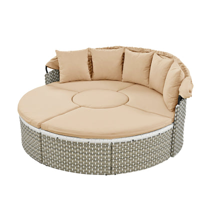 TOPMAX Patio Furniture Round Outdoor Sectional Sofa Set Rattan Daybed Two - Tone Weave Sunbed with Retractable Canopy, Separate Seating and Removable Cushion, Light Coffee - 1st Choice Furniture Direct