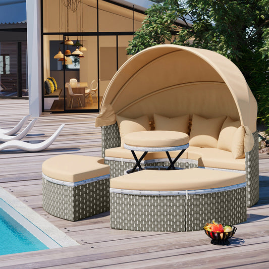 TOPMAX Patio Furniture Round Outdoor Sectional Sofa Set Rattan Daybed Two - Tone Weave Sunbed with Retractable Canopy, Separate Seating and Removable Cushion, Light Coffee - 1st Choice Furniture Direct