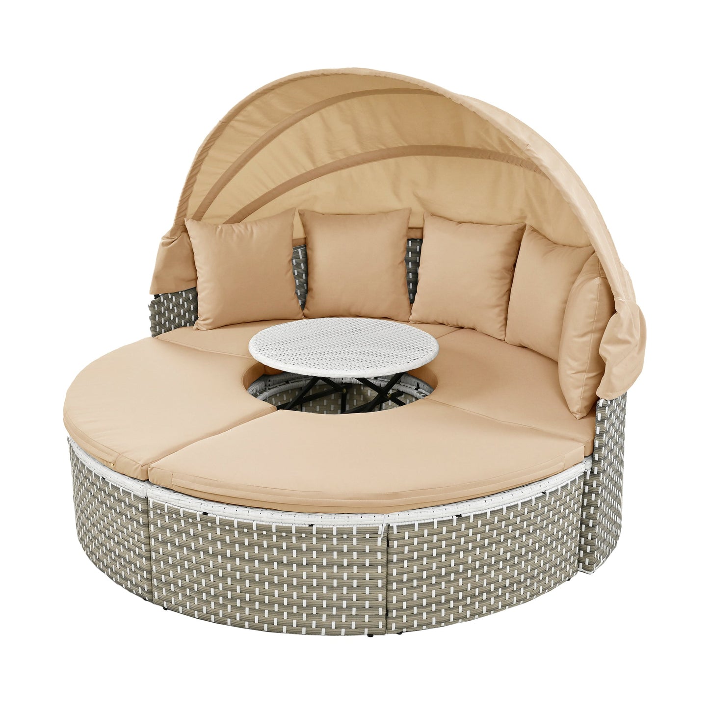 TOPMAX Patio Furniture Round Outdoor Sectional Sofa Set Rattan Daybed Two - Tone Weave Sunbed with Retractable Canopy, Separate Seating and Removable Cushion, Light Coffee - 1st Choice Furniture Direct