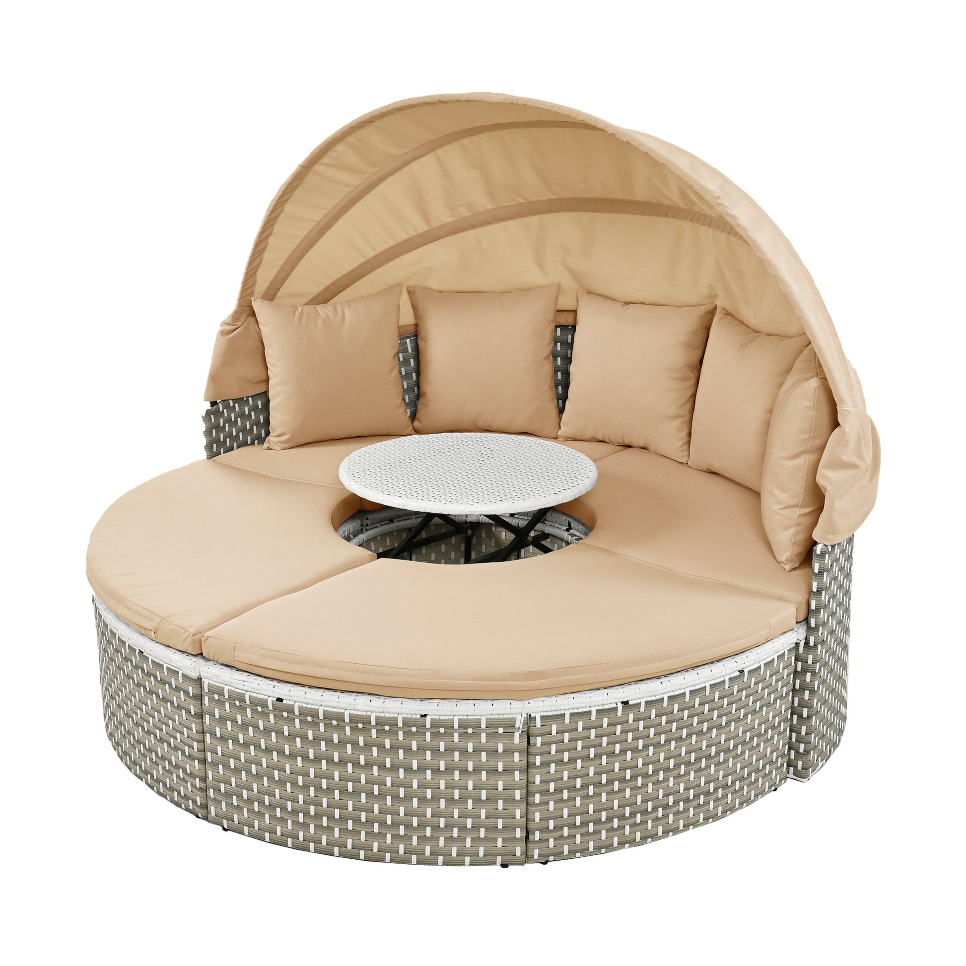 TOPMAX Patio Furniture Round Outdoor Sectional Sofa Set Rattan Daybed Two - Tone Weave Sunbed with Retractable Canopy, Separate Seating and Removable Cushion, Light Coffee - 1st Choice Furniture Direct