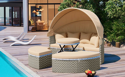 TOPMAX Patio Furniture Round Outdoor Sectional Sofa Set Rattan Daybed Two - Tone Weave Sunbed with Retractable Canopy, Separate Seating and Removable Cushion, Light Coffee - 1st Choice Furniture Direct