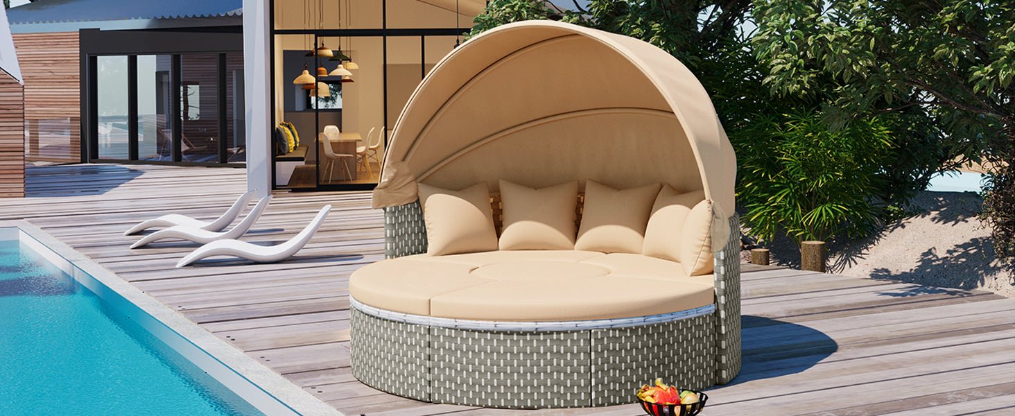 TOPMAX Patio Furniture Round Outdoor Sectional Sofa Set Rattan Daybed Two - Tone Weave Sunbed with Retractable Canopy, Separate Seating and Removable Cushion, Light Coffee - 1st Choice Furniture Direct