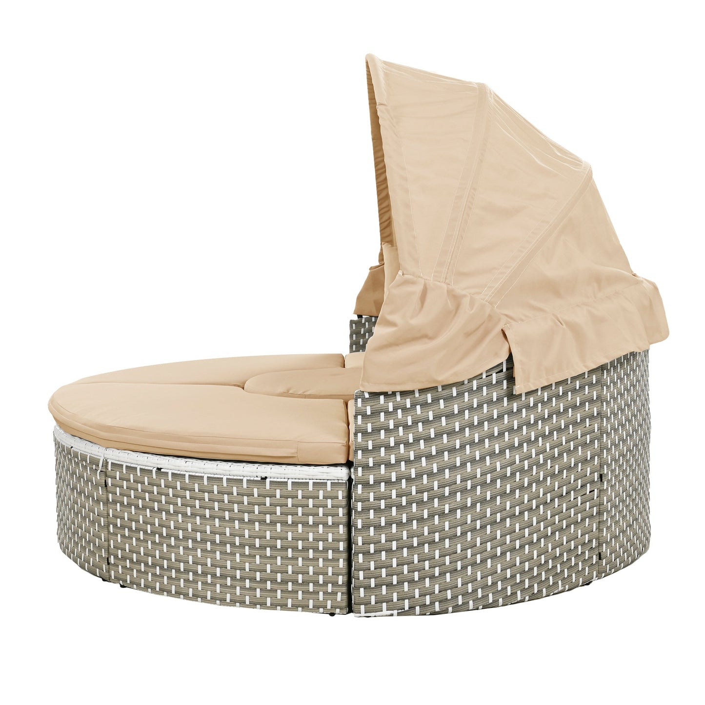 TOPMAX Patio Furniture Round Outdoor Sectional Sofa Set Rattan Daybed Two - Tone Weave Sunbed with Retractable Canopy, Separate Seating and Removable Cushion, Light Coffee - 1st Choice Furniture Direct