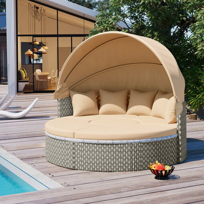 TOPMAX Patio Furniture Round Outdoor Sectional Sofa Set Rattan Daybed Two - Tone Weave Sunbed with Retractable Canopy, Separate Seating and Removable Cushion, Light Coffee - 1st Choice Furniture Direct