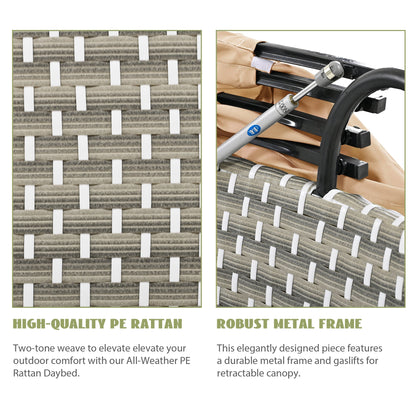 TOPMAX Patio Furniture Round Outdoor Sectional Sofa Set Rattan Daybed Two - Tone Weave Sunbed with Retractable Canopy, Separate Seating and Removable Cushion, Light Coffee - 1st Choice Furniture Direct