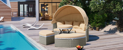 TOPMAX Patio Furniture Round Outdoor Sectional Sofa Set Rattan Daybed Two - Tone Weave Sunbed with Retractable Canopy, Separate Seating and Removable Cushion, Light Coffee - 1st Choice Furniture Direct