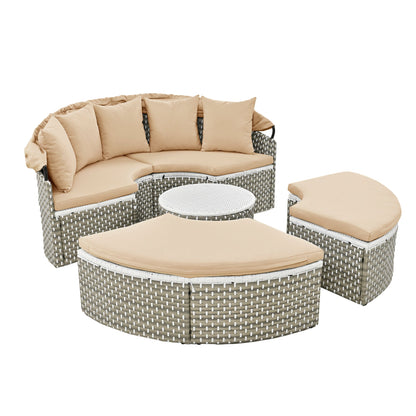 TOPMAX Patio Furniture Round Outdoor Sectional Sofa Set Rattan Daybed Two - Tone Weave Sunbed with Retractable Canopy, Separate Seating and Removable Cushion, Light Coffee - 1st Choice Furniture Direct