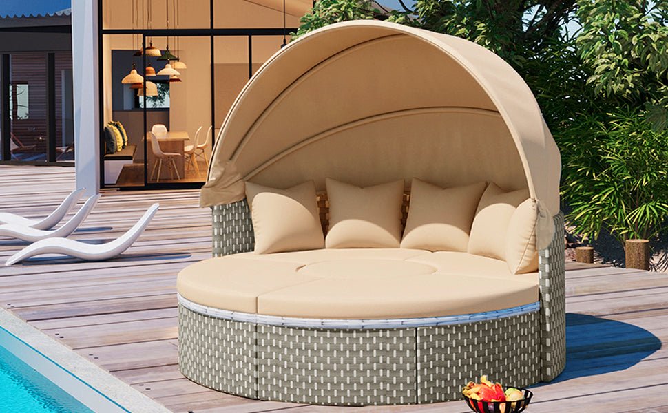 TOPMAX Patio Furniture Round Outdoor Sectional Sofa Set Rattan Daybed Two - Tone Weave Sunbed with Retractable Canopy, Separate Seating and Removable Cushion, Light Coffee - 1st Choice Furniture Direct