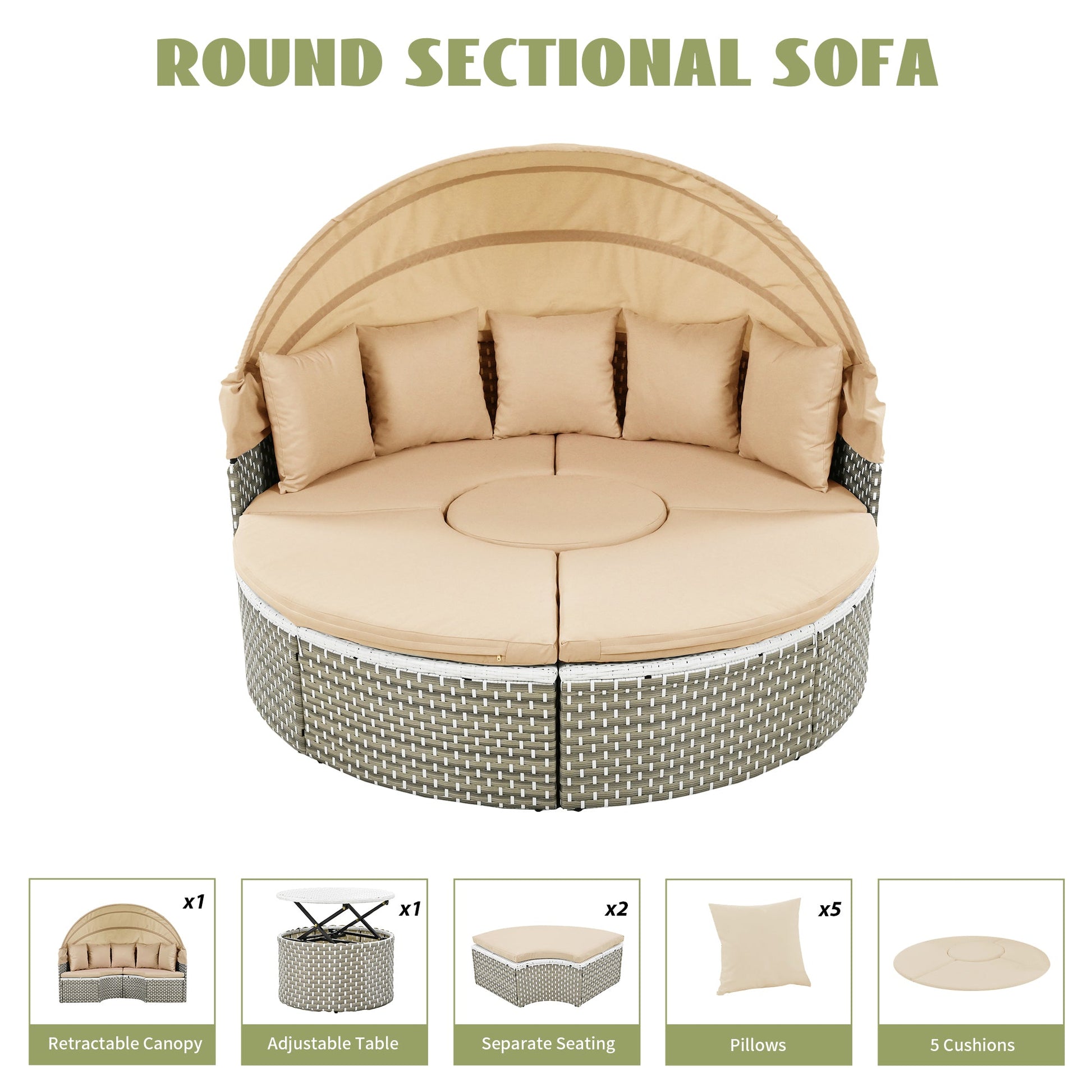 TOPMAX Patio Furniture Round Outdoor Sectional Sofa Set Rattan Daybed Two - Tone Weave Sunbed with Retractable Canopy, Separate Seating and Removable Cushion, Light Coffee - 1st Choice Furniture Direct