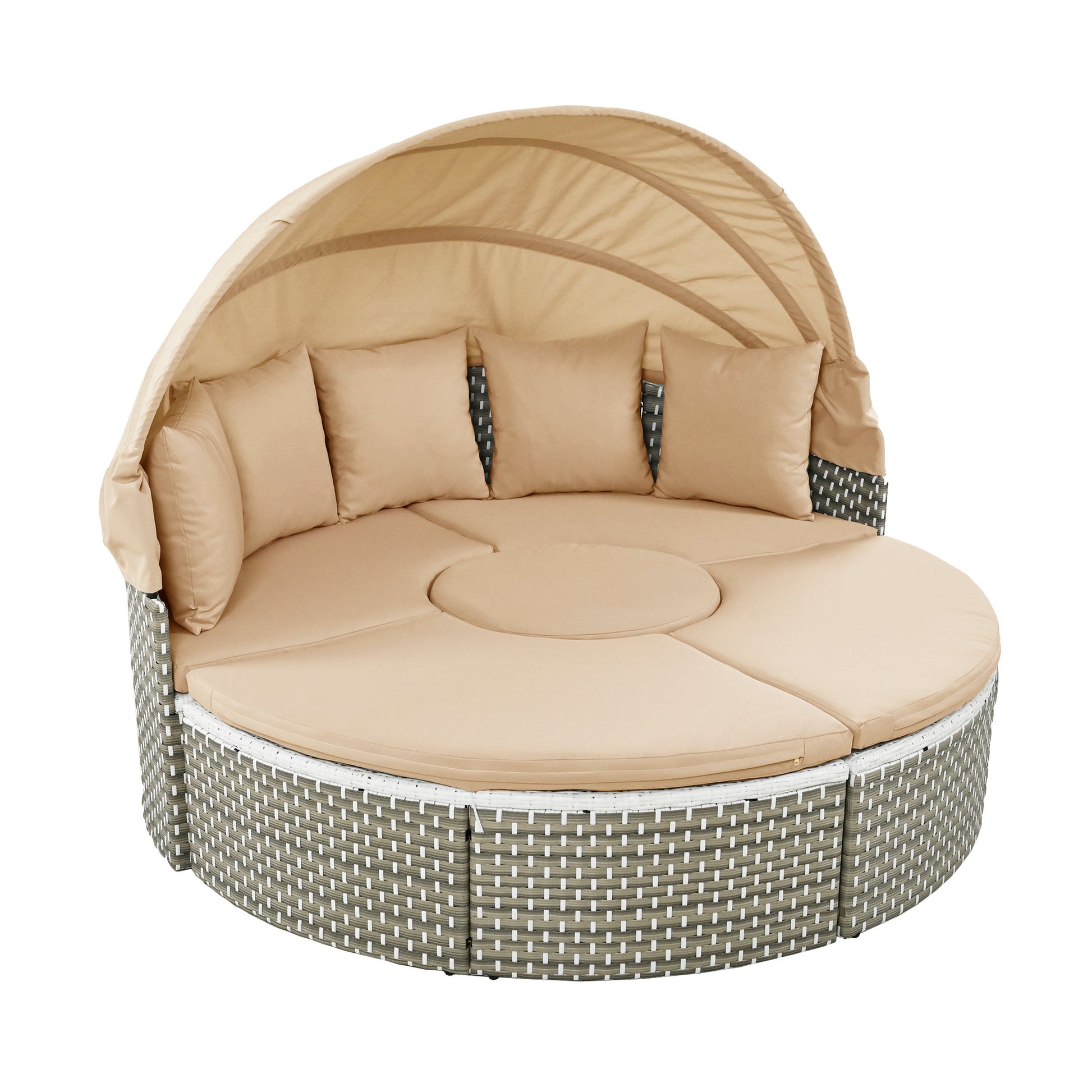 TOPMAX Patio Furniture Round Outdoor Sectional Sofa Set Rattan Daybed Two - Tone Weave Sunbed with Retractable Canopy, Separate Seating and Removable Cushion, Light Coffee - 1st Choice Furniture Direct