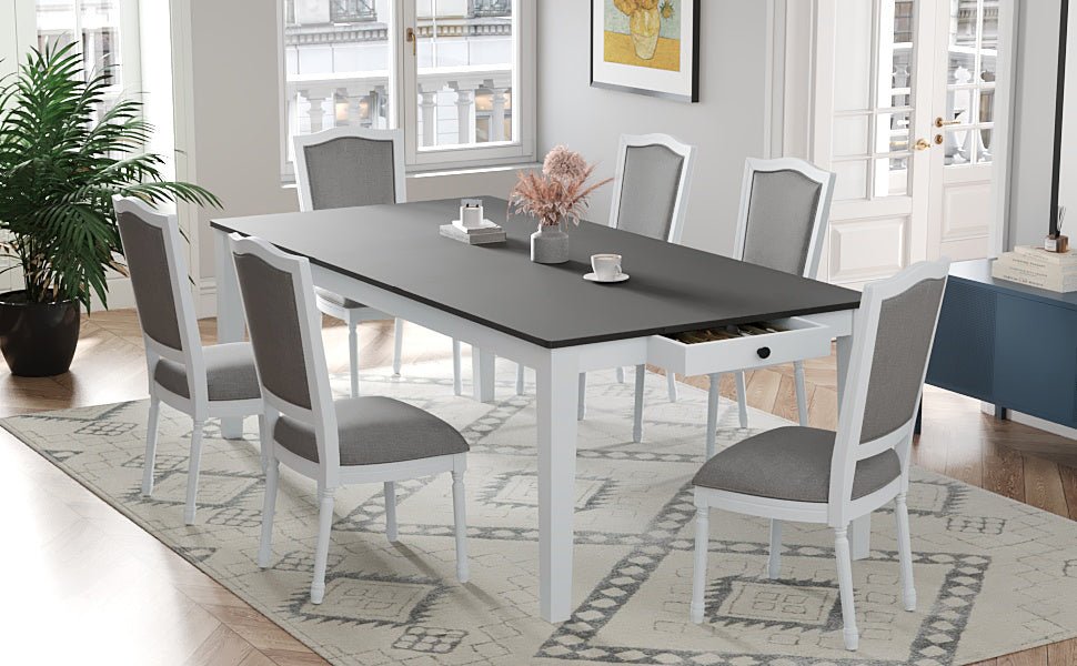 TOPMAX Rustic 7 - Piece 78.1inch Extendable Dining Table Set with 18inch Removable Leaf, 6 Upholstered Dining Chairs, 2 Built - in Drawers, Dark Gray+White - 1st Choice Furniture Direct