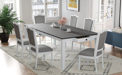TOPMAX Rustic 7 - Piece 78.1inch Extendable Dining Table Set with 18inch Removable Leaf, 6 Upholstered Dining Chairs, 2 Built - in Drawers, Dark Gray+White - 1st Choice Furniture Direct