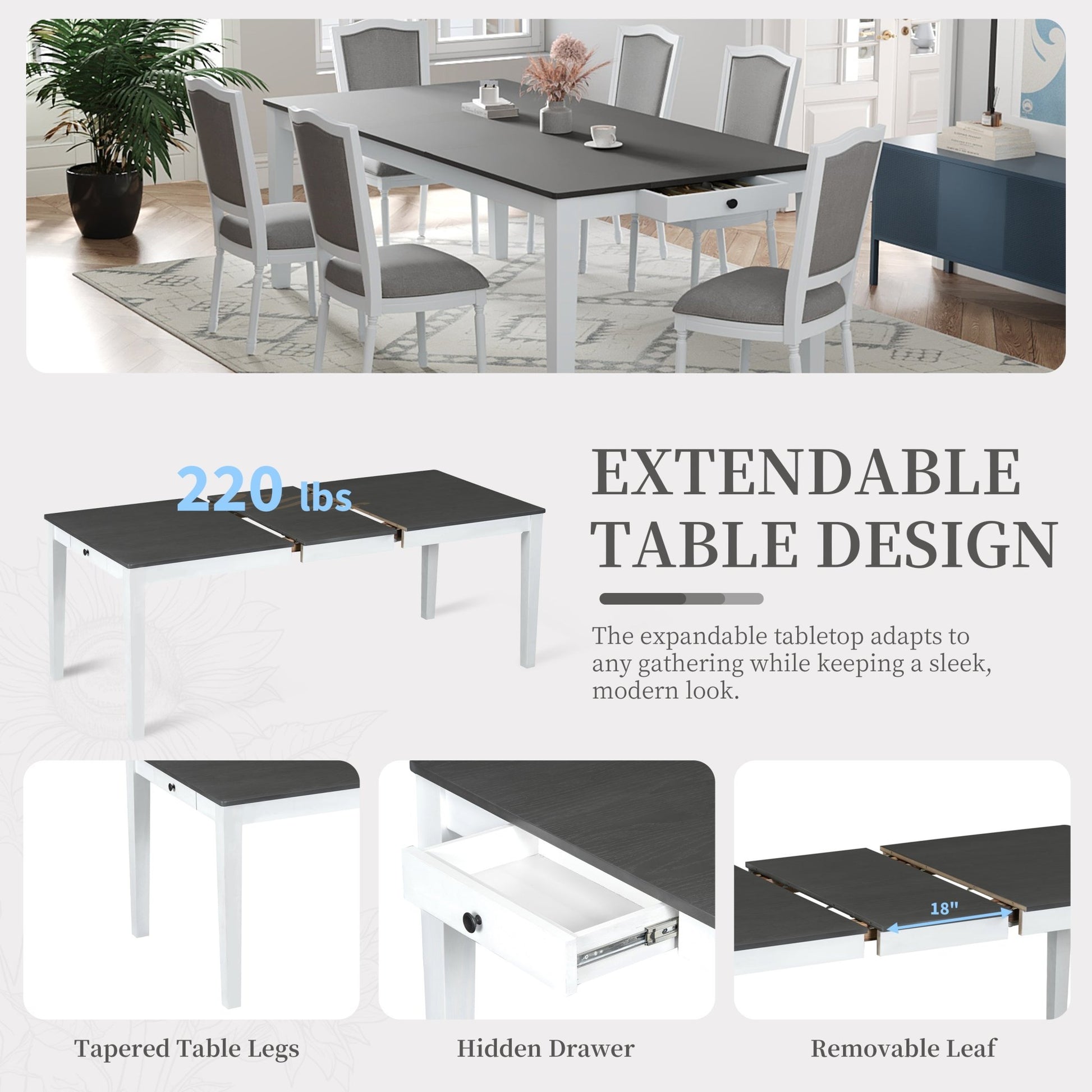 TOPMAX Rustic 7 - Piece 78.1inch Extendable Dining Table Set with 18inch Removable Leaf, 6 Upholstered Dining Chairs, 2 Built - in Drawers, Dark Gray+White - 1st Choice Furniture Direct