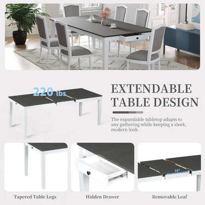 TOPMAX Rustic 7 - Piece 78.1inch Extendable Dining Table Set with 18inch Removable Leaf, 6 Upholstered Dining Chairs, 2 Built - in Drawers, Dark Gray+White - 1st Choice Furniture Direct