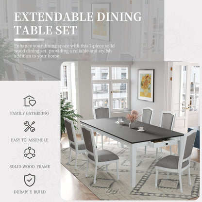 TOPMAX Rustic 7 - Piece 78.1inch Extendable Dining Table Set with 18inch Removable Leaf, 6 Upholstered Dining Chairs, 2 Built - in Drawers, Dark Gray+White - 1st Choice Furniture Direct
