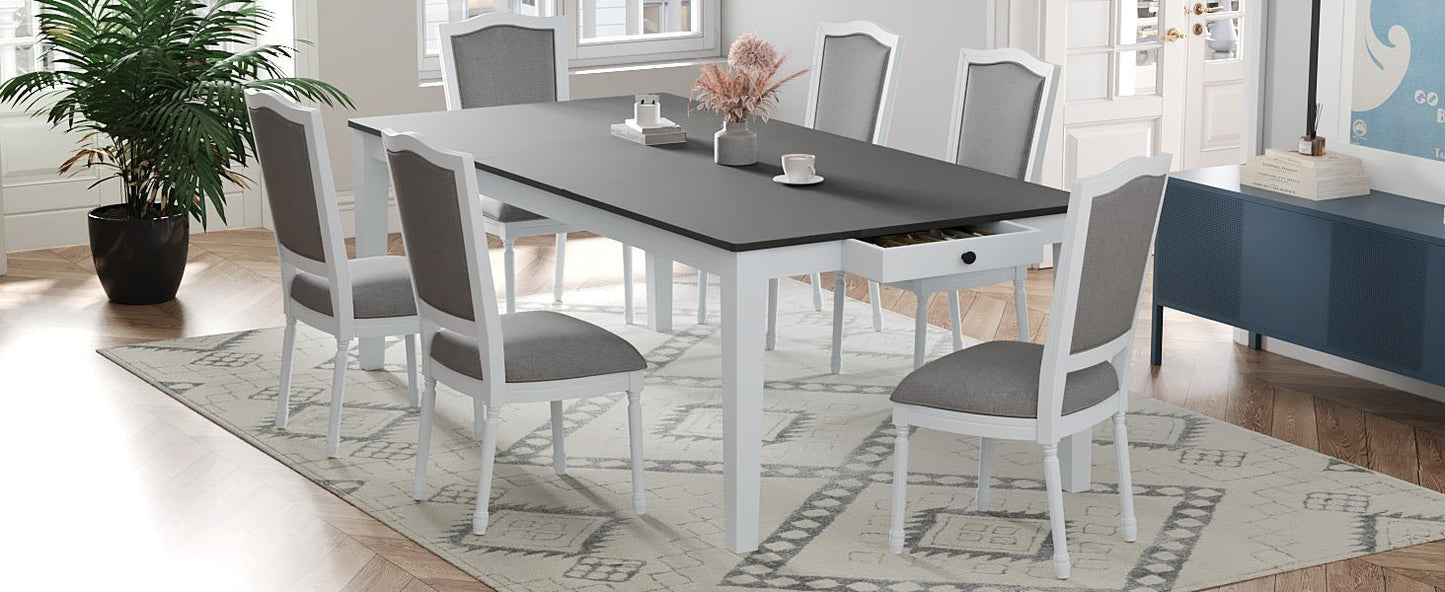 TOPMAX Rustic 7 - Piece 78.1inch Extendable Dining Table Set with 18inch Removable Leaf, 6 Upholstered Dining Chairs, 2 Built - in Drawers, Dark Gray+White - 1st Choice Furniture Direct